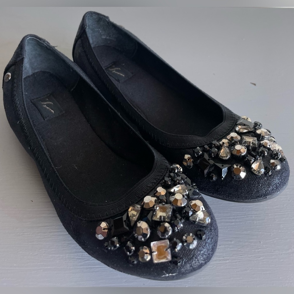 SIMPLY VERA VERA WANG RHINESTONE EMBELLISHED BALLERINA BABYDOLL FLATS, BLK, SZ 6